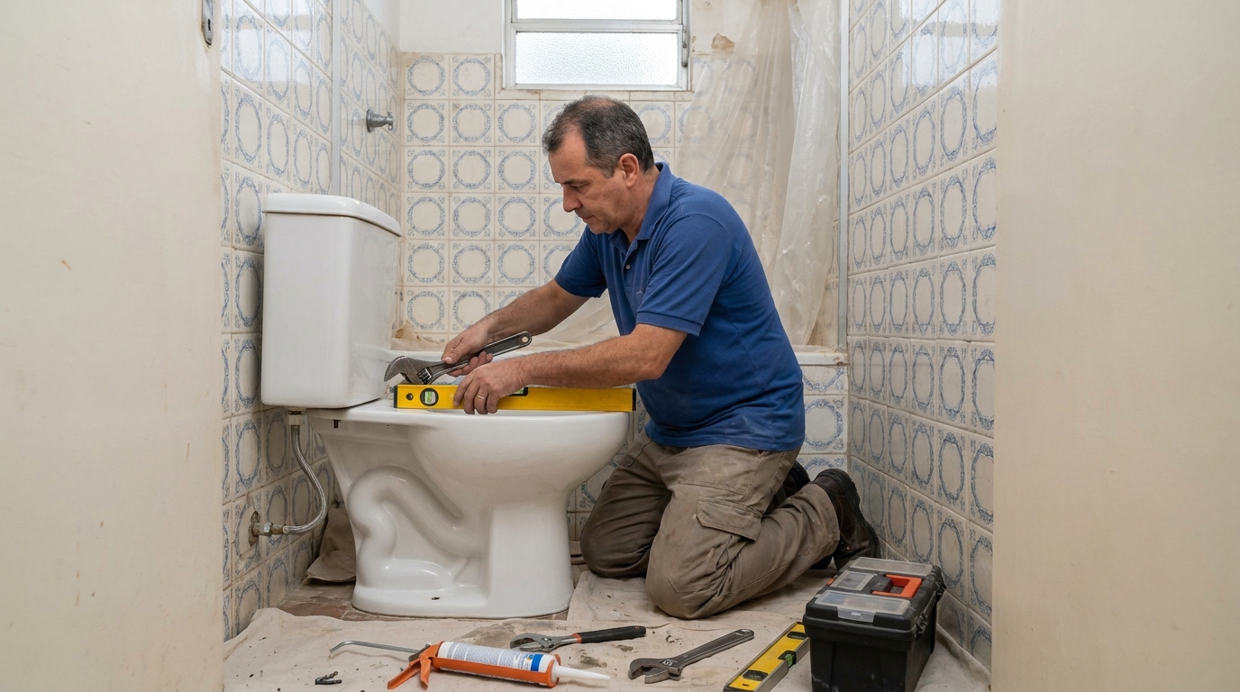 Técnico instalando vaso sanitário em São Carlos‑SP